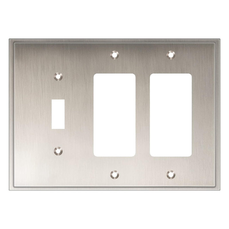 Satin nickel wall plate with three switch or outlet openings on a white background