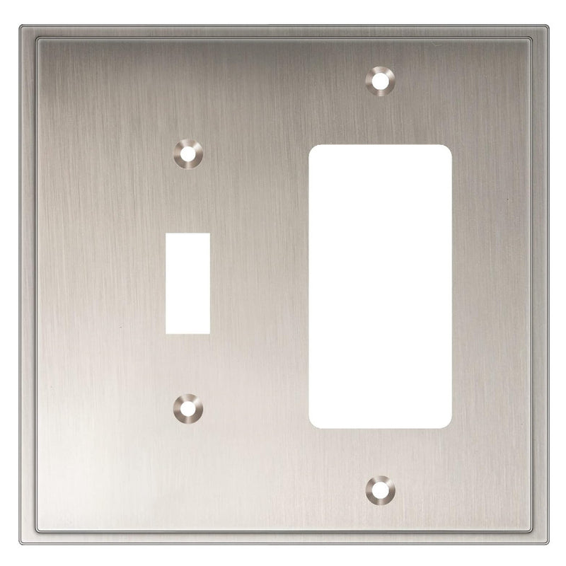 Satin nickel wall plate with two switch slots on a white background
