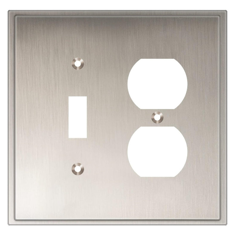 Satin nickel wall plate with a switch and outlet design on a white background
