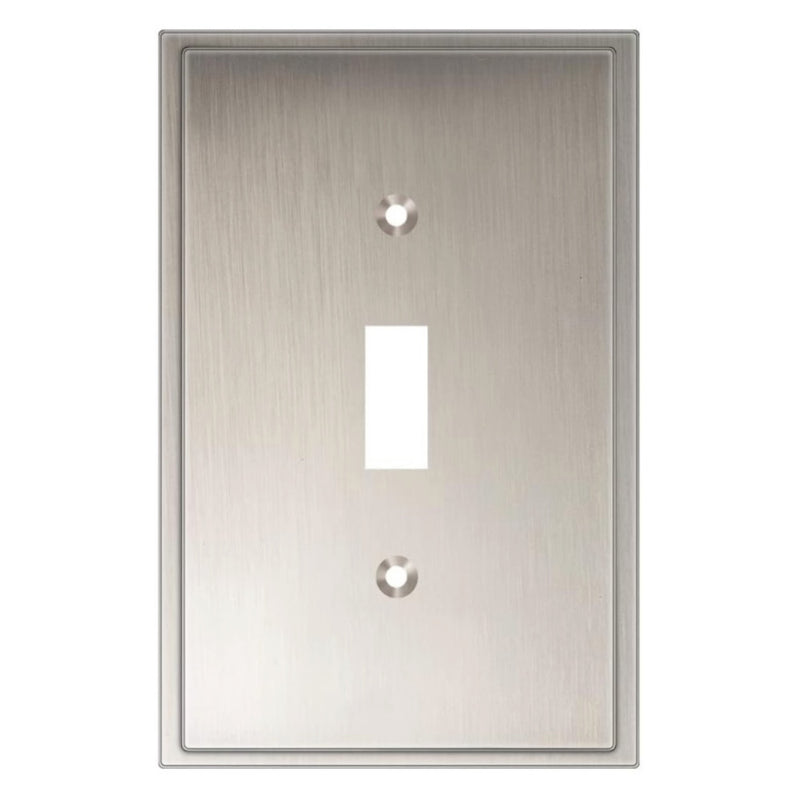 Satin nickel switch plate with a single toggle switch on a white background