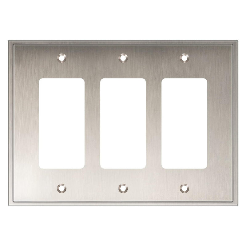 Satin nickel three-gang wall plate on a white background