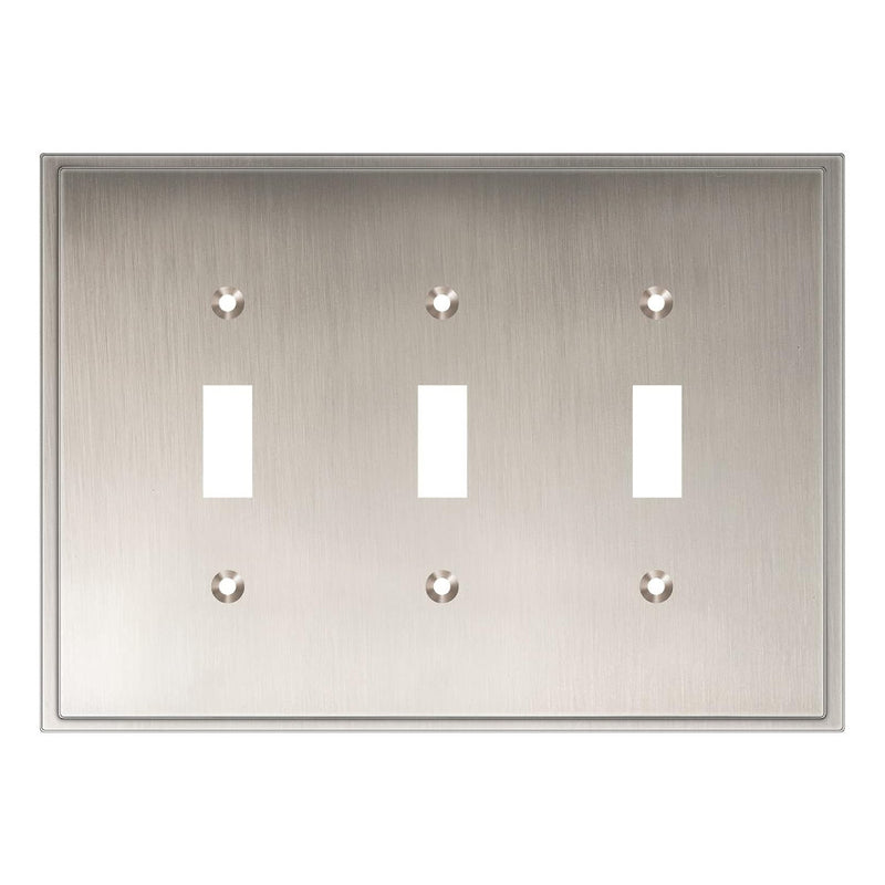 Satin nickel three-gang switch plate with a brushed finish on a white background