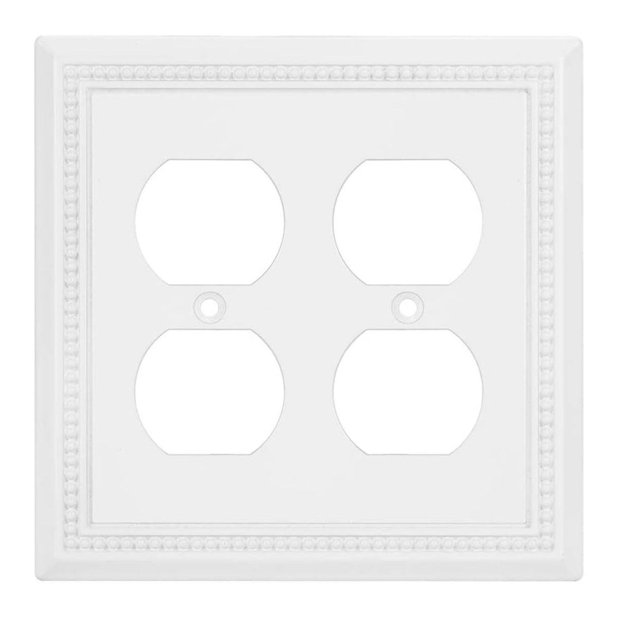 White wall plate with four electrical outlets on a white background
