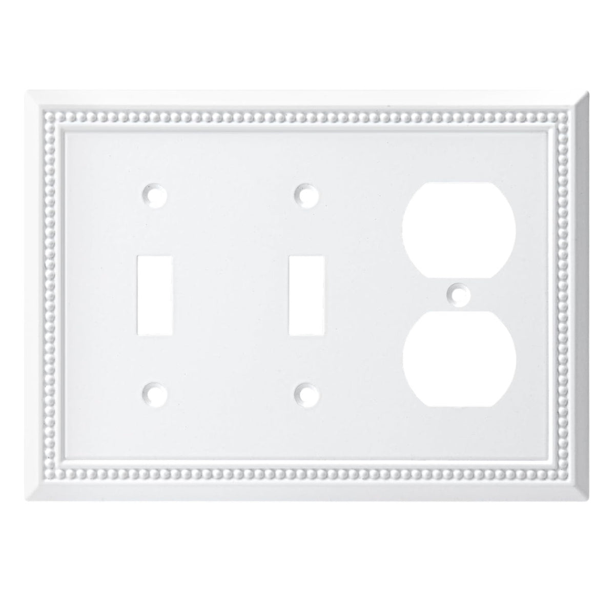 White wall plate with two toggle switches and one outlet on a white background