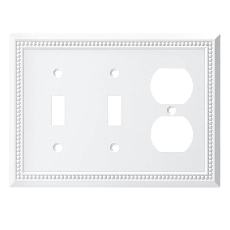 White wall plate with two toggle switches and one outlet on a white background