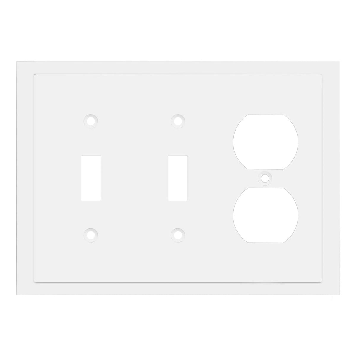 White wall plate with two electrical outlets on a white background