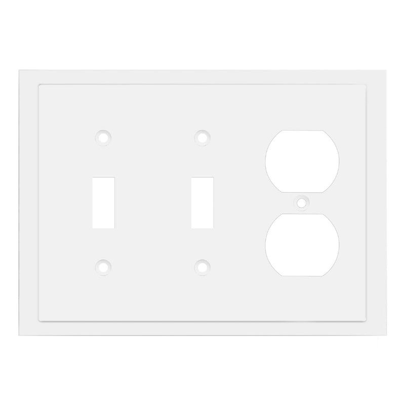 White wall plate with two electrical outlets on a white background