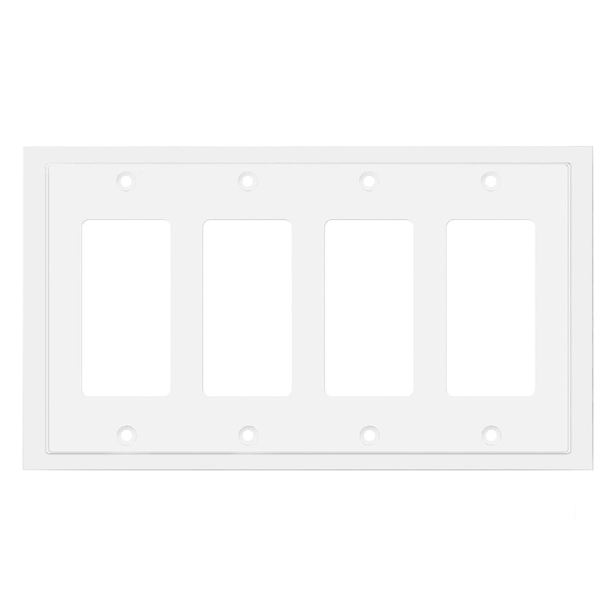 White electrical wall plate with four sockets on a white background