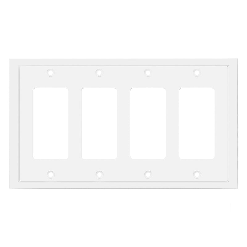White electrical wall plate with four sockets on a white background