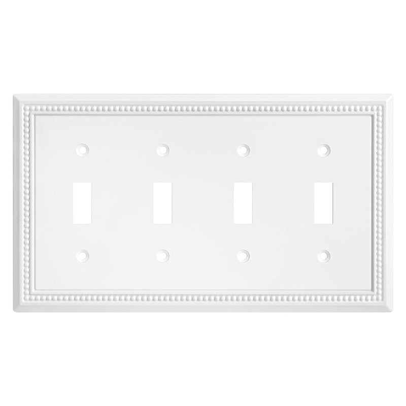 White quad toggle switch wall plate with decorative border on a white background