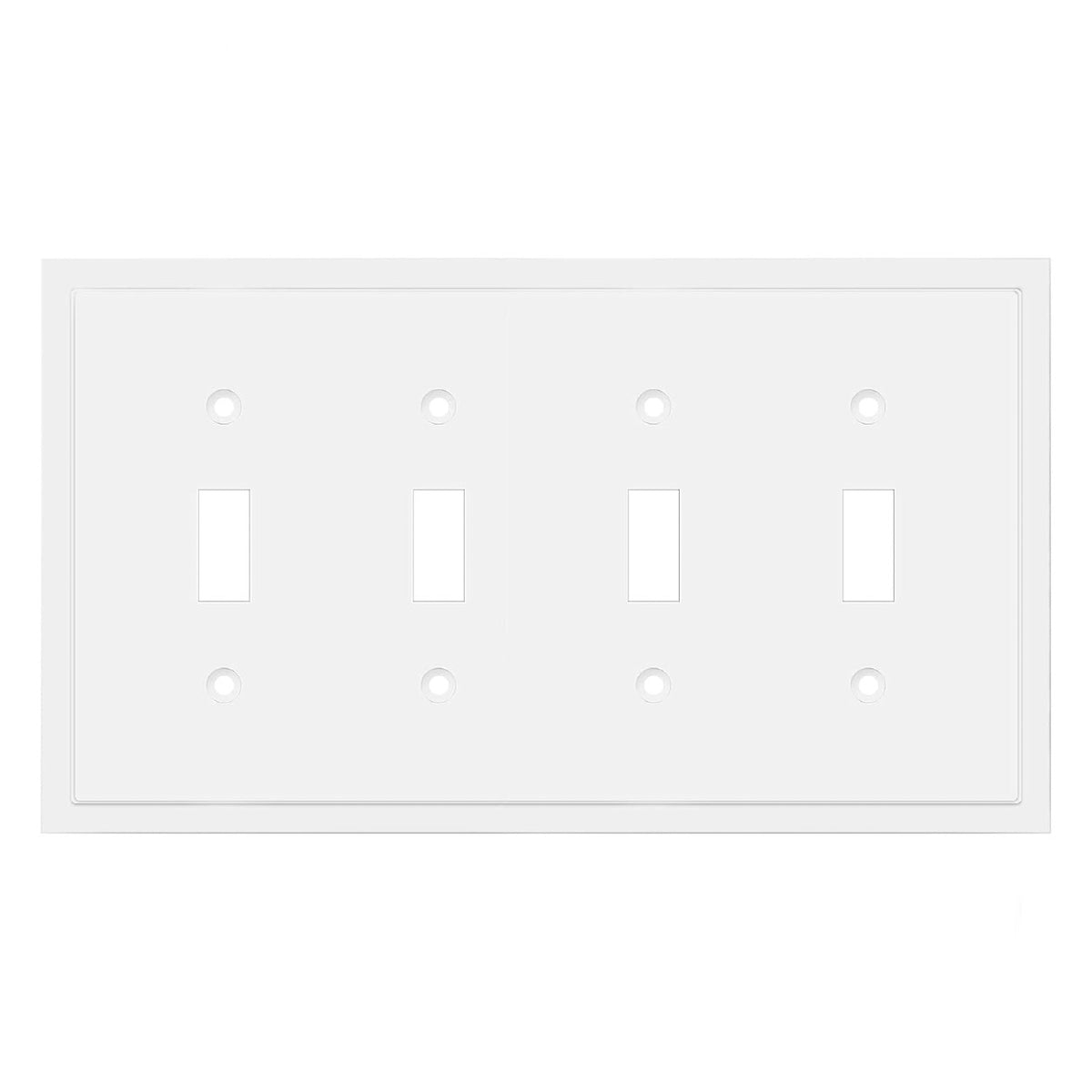 White wall plate with four toggle switches on a white background