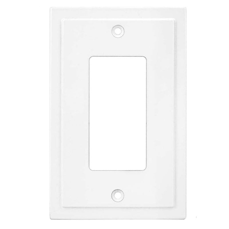 White wall plate with two screw holes on a white background