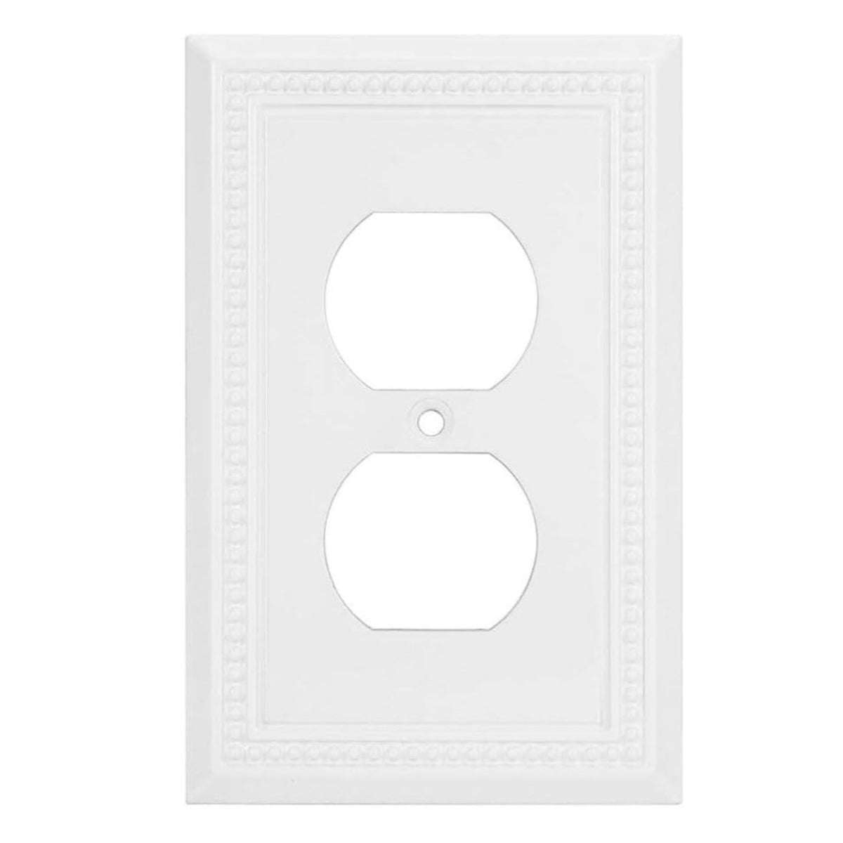 White wall outlet cover with decorative border on a white background