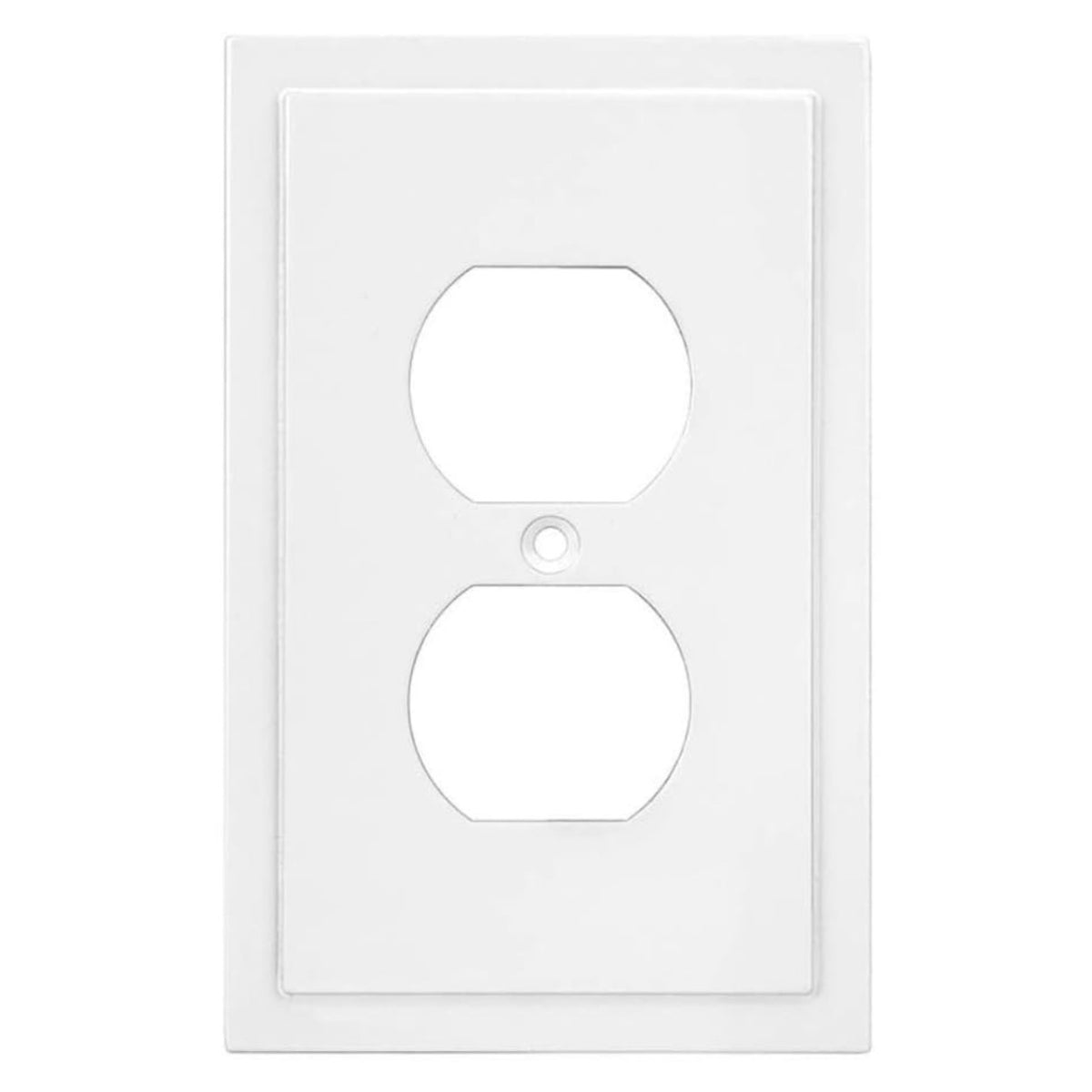 White electrical outlet cover plate with two round holes on a white background