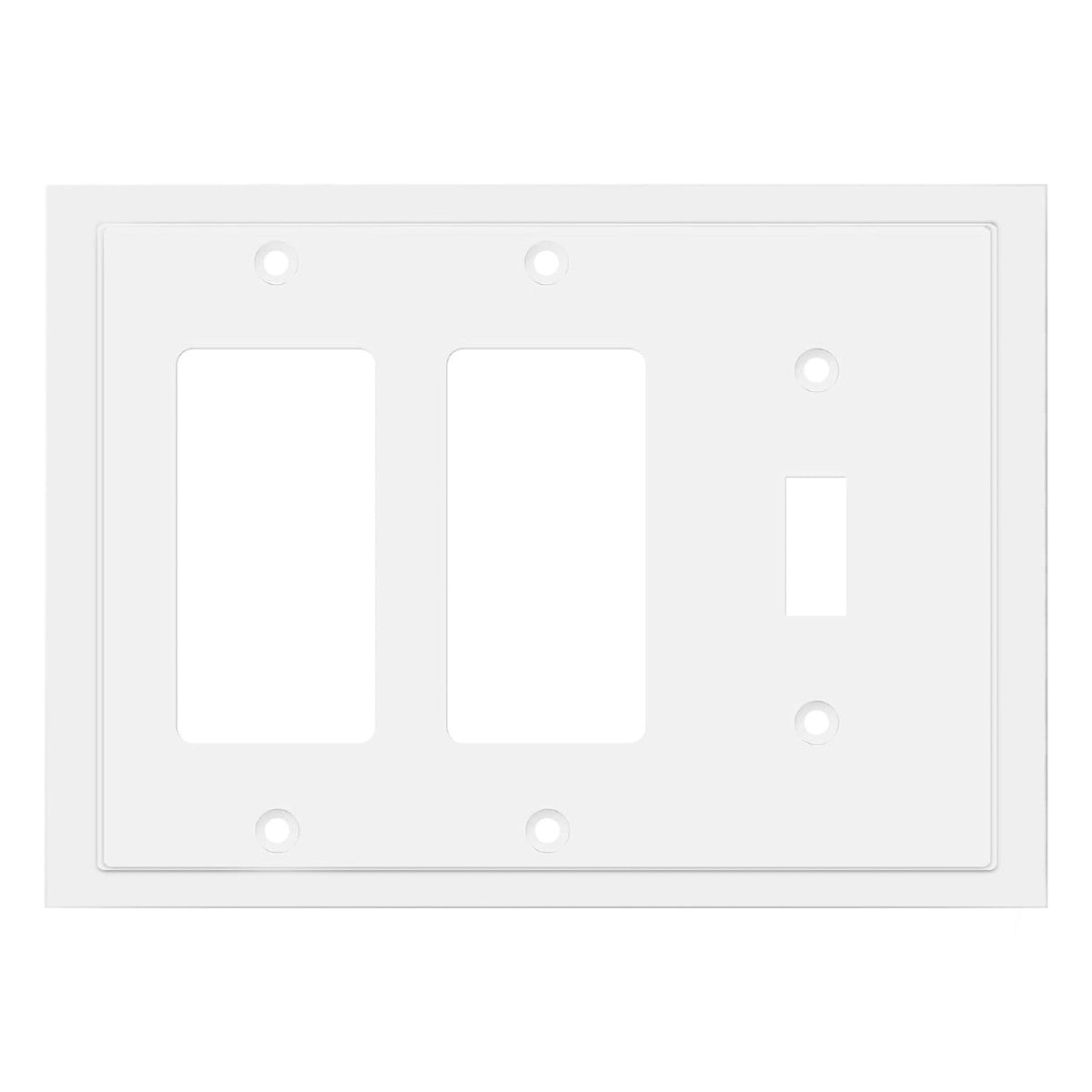 White wall plate with three switch sockets on a white background
