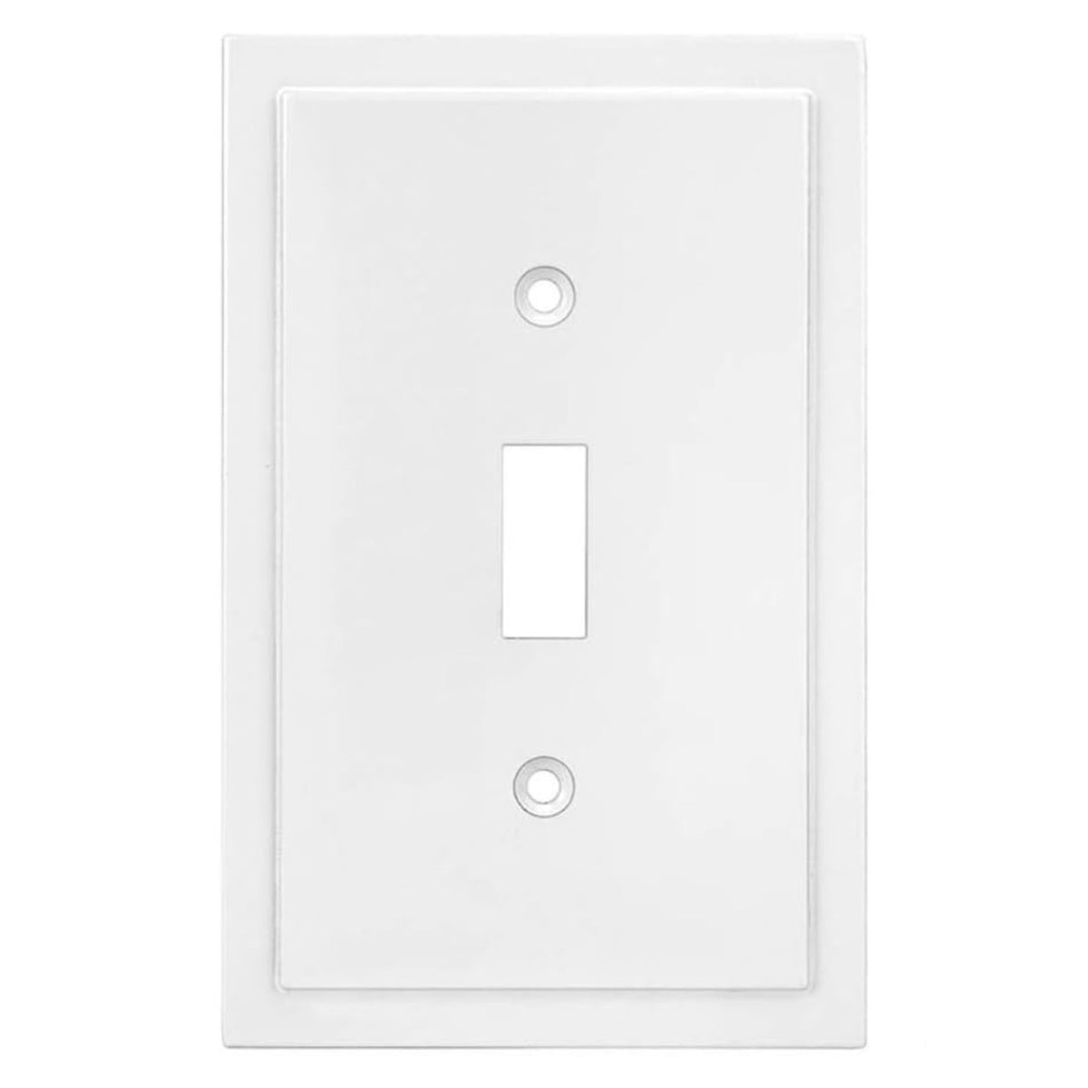 White wall switch plate with a single toggle switch on a white background