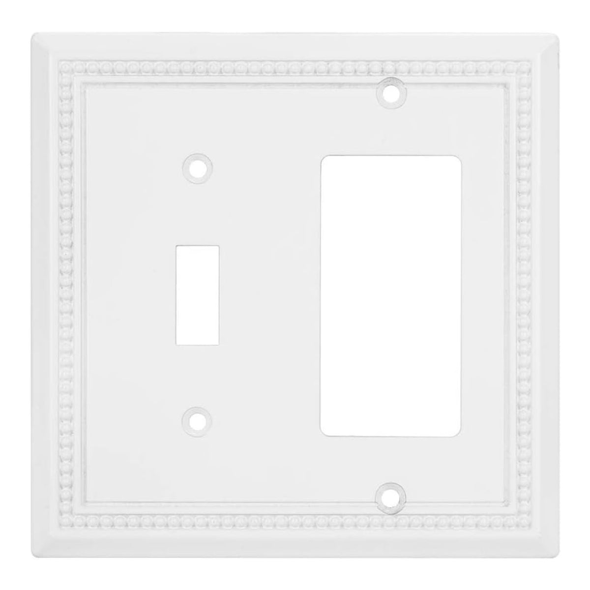 Decorative white wall plate with a single toggle and a rocker switch on a white background