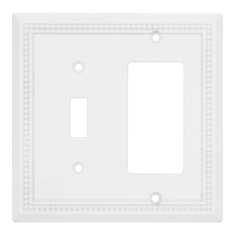 Decorative white wall plate with a single toggle and a rocker switch on a white background