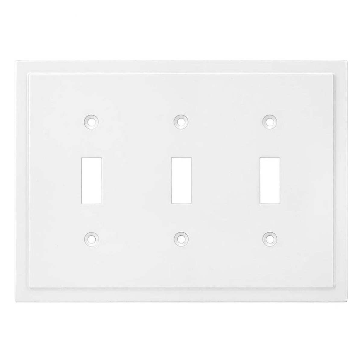 Triple light switch wall plate in white on a white background