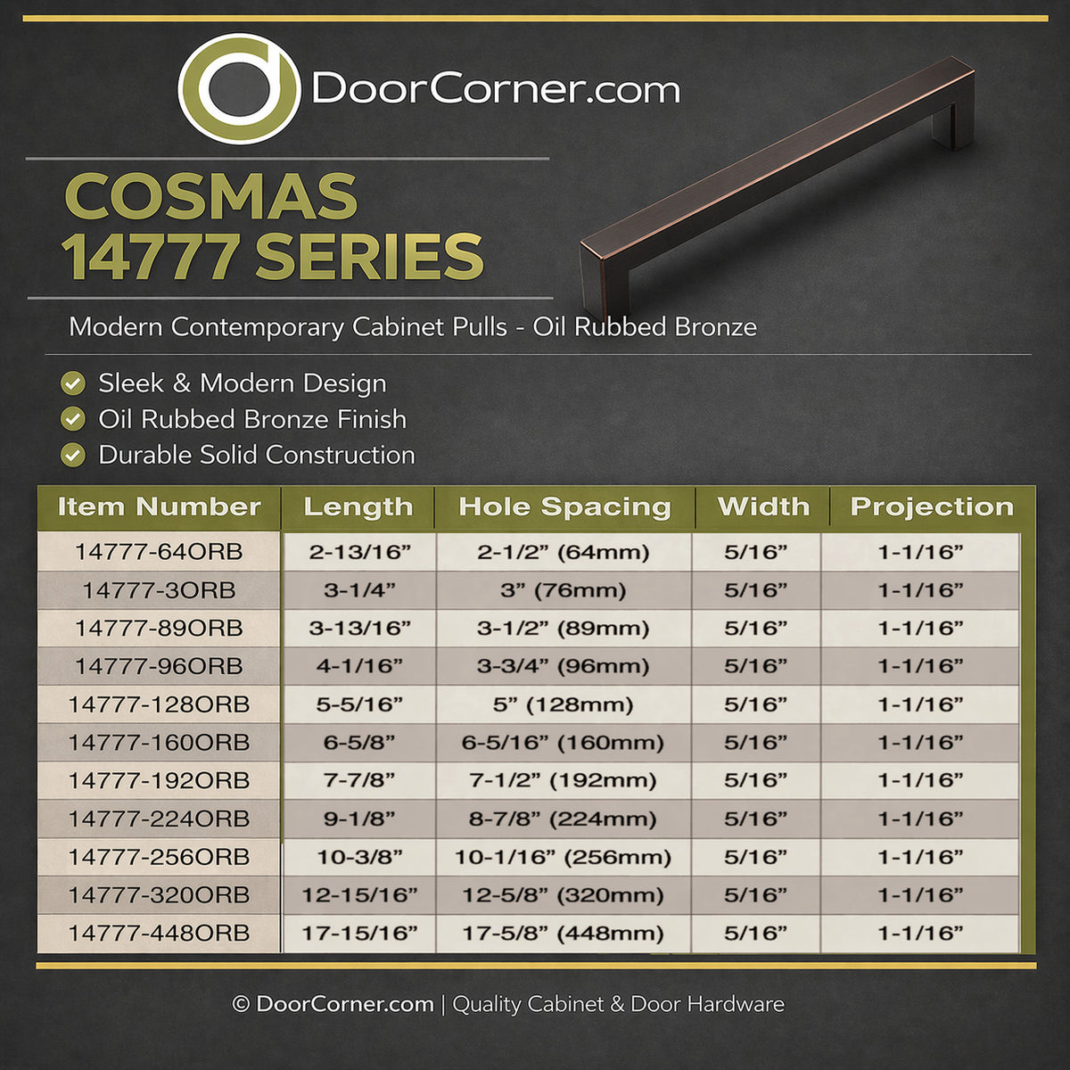 Cosmas 14777-64ORB Oil Rubbed Bronze Modern Contemporary Cabinet Pull