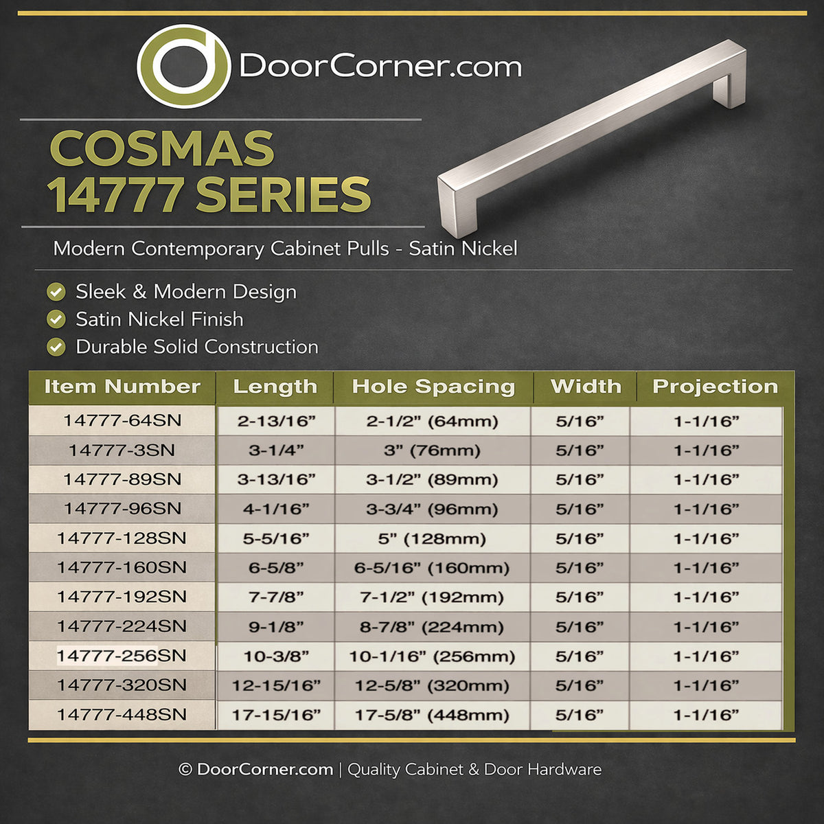 Cosmas 14777-64SN Satin Nickel Modern Contemporary Cabinet Pull