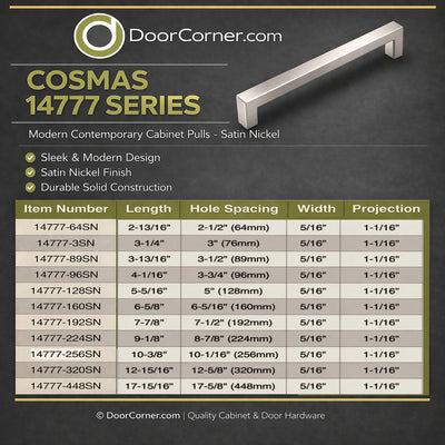 Cosmas 14777-96SN Satin Nickel Modern Contemporary Cabinet Pull