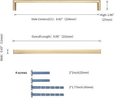 Knocklock 10 Pack Brushed Gold 8-13/16 Inch (224mm) Kitchen Cabinet Handles
