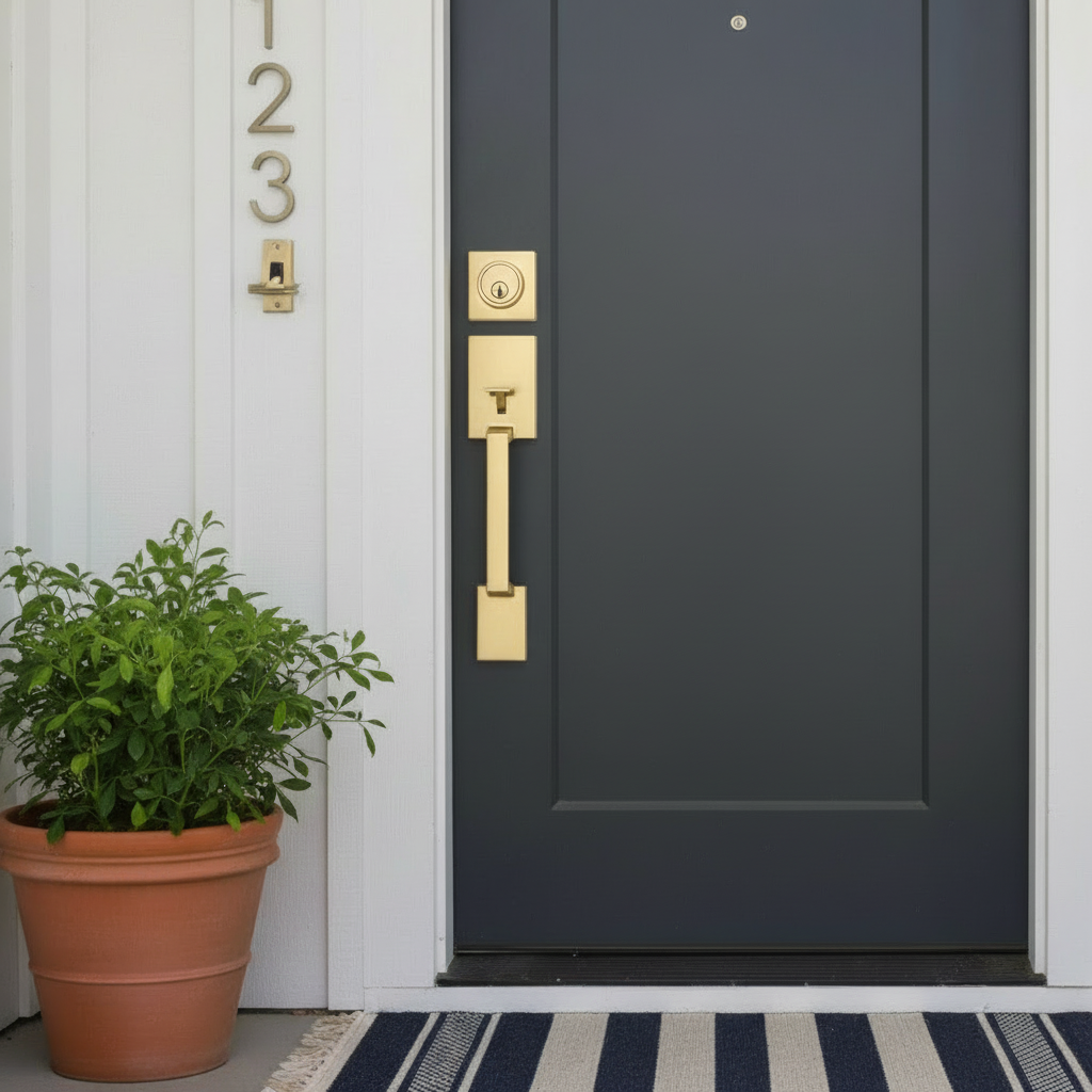 Keeneland Design Satin Brass Contemporary Handleset with Bedford Knob