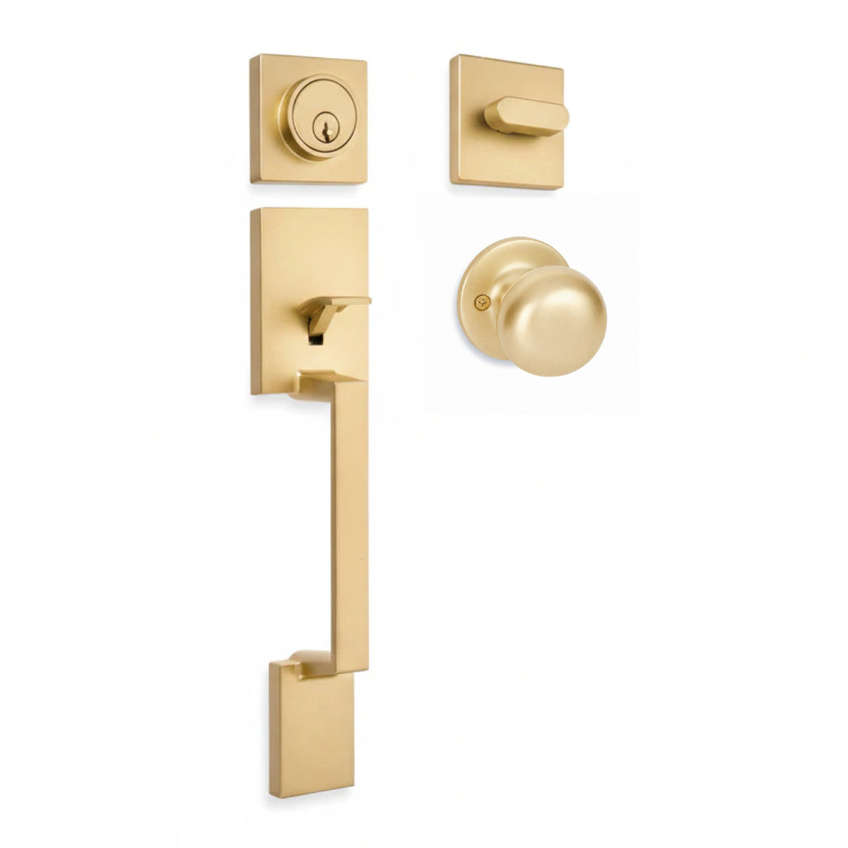 Keeneland Design Satin Brass Contemporary Handleset with Bedford Knob