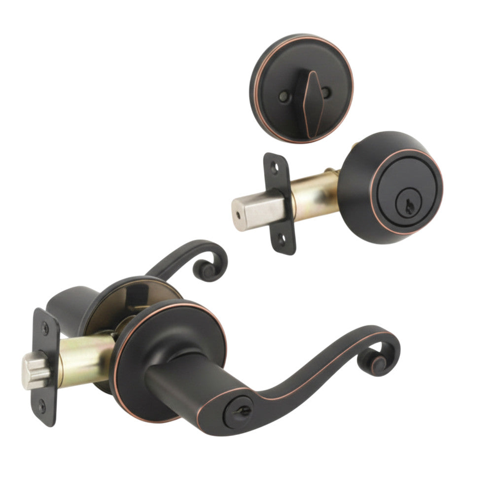 Livingston Oil Rubbed Bronze Entry Lever with Matching Single Cylinder Deadbolt Combo Pack