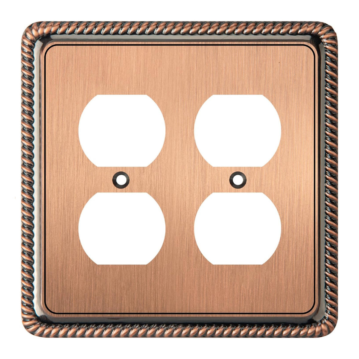 Antique copper double electrical outlet cover with decorative border on a white background