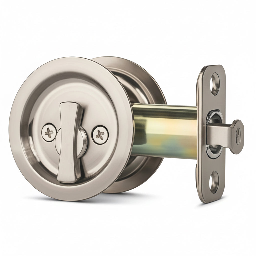 Round Hall/Closet Privacy Pocket Door Latch, Satin Nickel