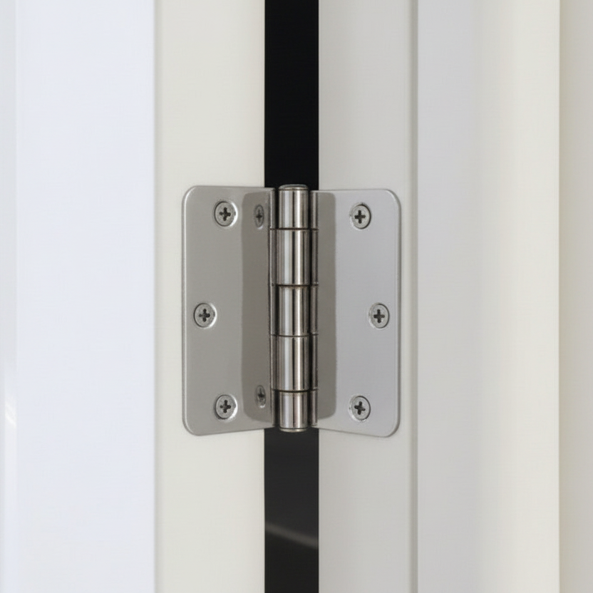 Polished chrome door hinge on a white door
