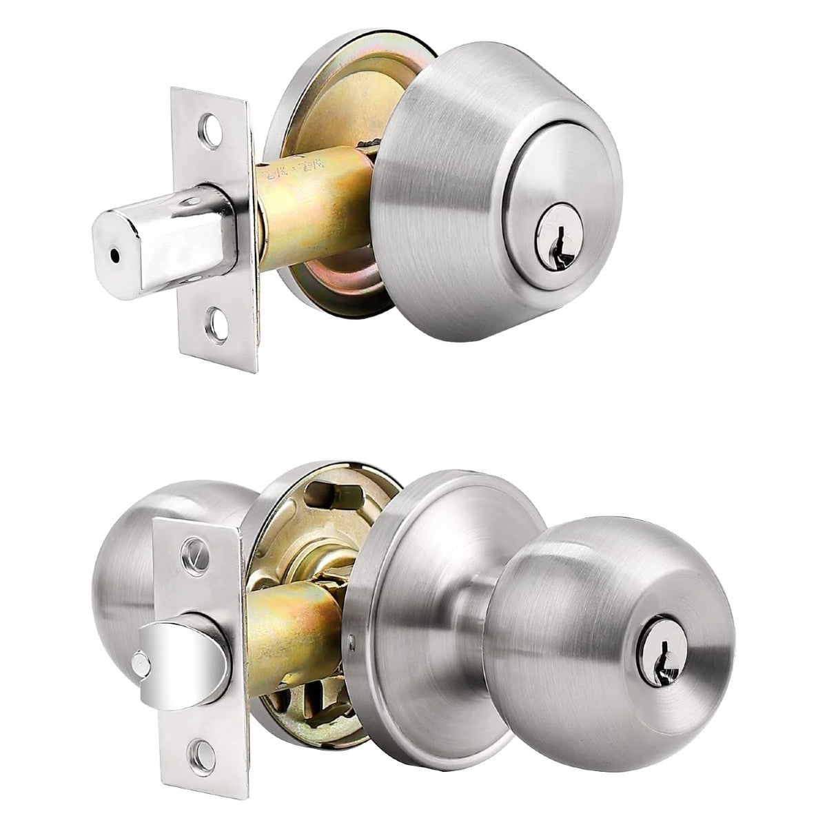Probico Brushed Nickel Entry Door Lever Lock Set and Single Cylinder Deadbolt