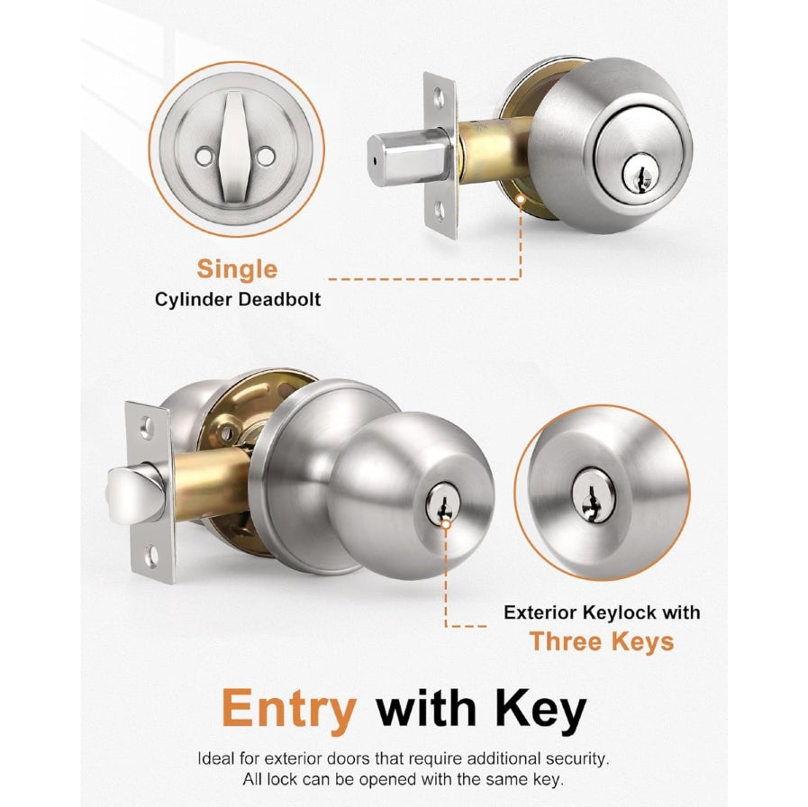 Probico Brushed Nickel Entry Door Lever Lock Set and Single Cylinder Deadbolt