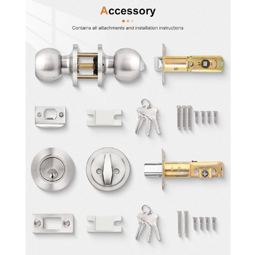 Probico Brushed Nickel Entry Door Lever Lock Set and Single Cylinder Deadbolt