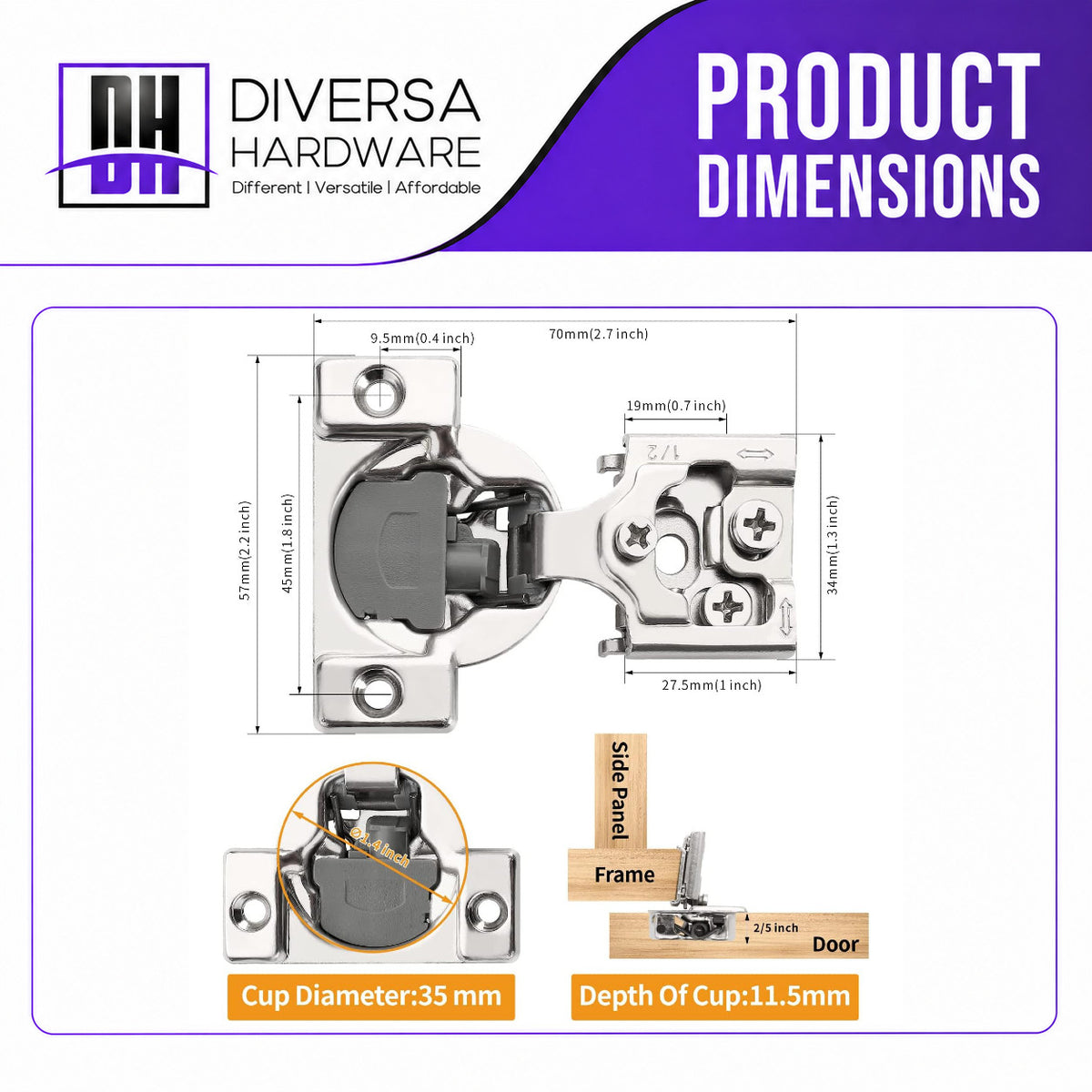 Diversa 55007 Soft Close 1/2" Overlay Concealed 105-Degree Cabinet Hinges