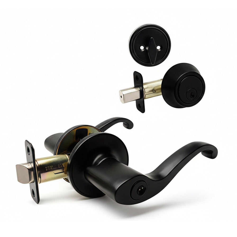 Richmond Matte Black Entry Lever with Matching Single Cylinder Deadbolt Combo Pack