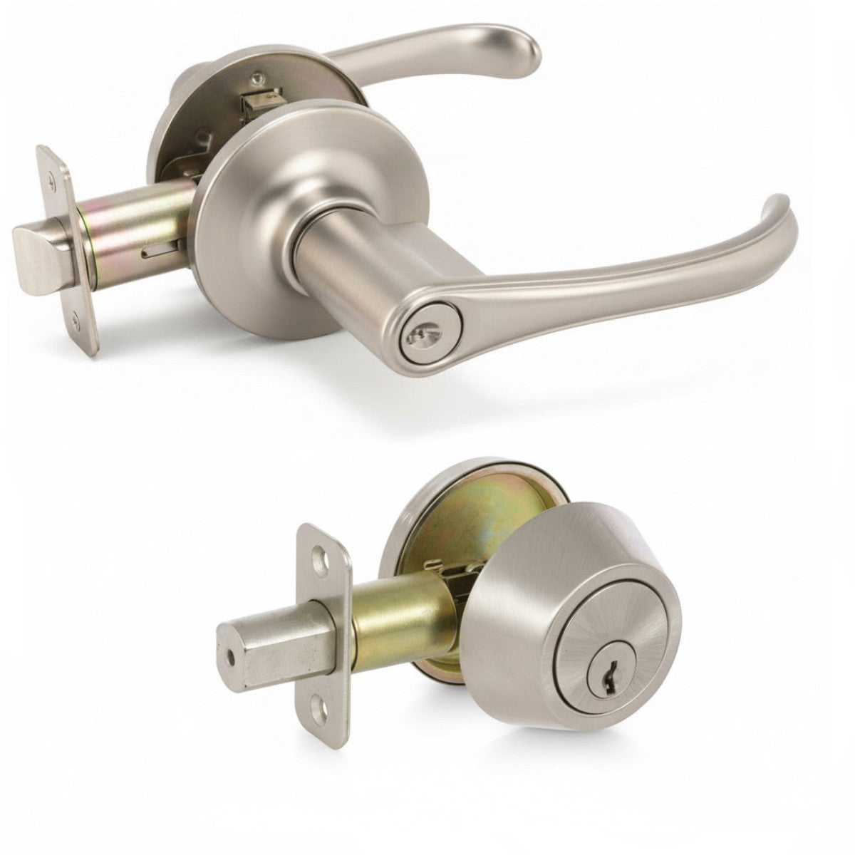 Rochester Satin Nickel Entry Lever with Matching Single Cylinder Deadbolt Combo Pack