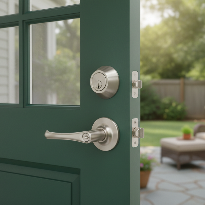 Rochester Satin Nickel Entry Lever with Matching Single Cylinder Deadbolt Combo Pack