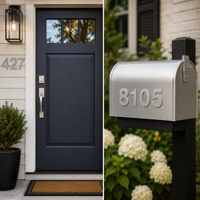 A split image showing a modern navy blue front door with silver hardware and a silver metal mailbox with house number 8105 on a black post, set against a suburban house exterior with greenery.