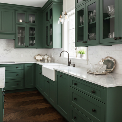 Green kitchen with oil rubbed bronze round cabinet knobs with white marble countertops and large windows.