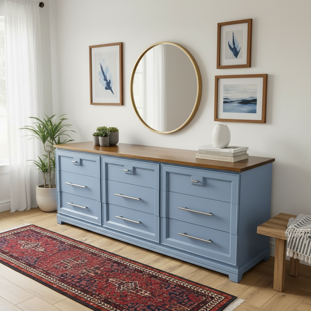 Blue dresser with wooden top in a room with a round mirror, plants, and framed pictures.