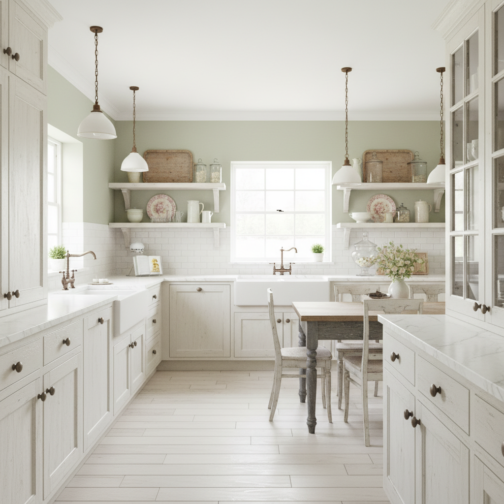oil rubbed bronze cabinet knobs installed in a shabby chic kitchen with white cabinets 1:1 ratio 
