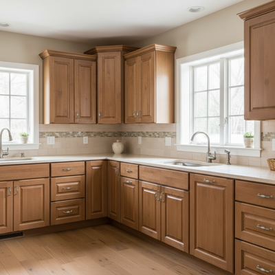 Kitchen with wooden cabinets, a white sink, and a window.