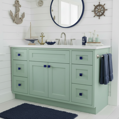 Green bathroom vanity with white countertop, sink, and decorative items in a nautical-themed bathroom.