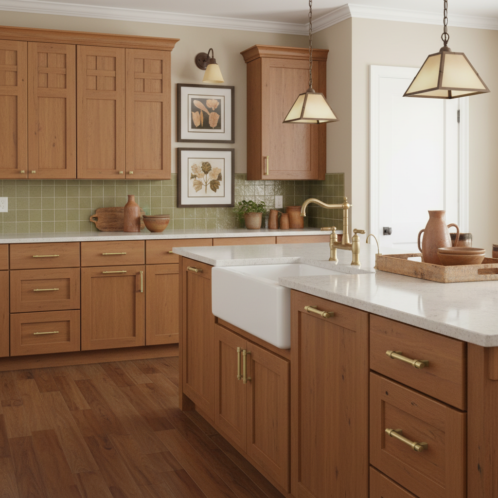 Brushed antique brass cabinet pulls on the drawers of a modern kitchen with wooden cabinets, white countertops, and decorative elements.