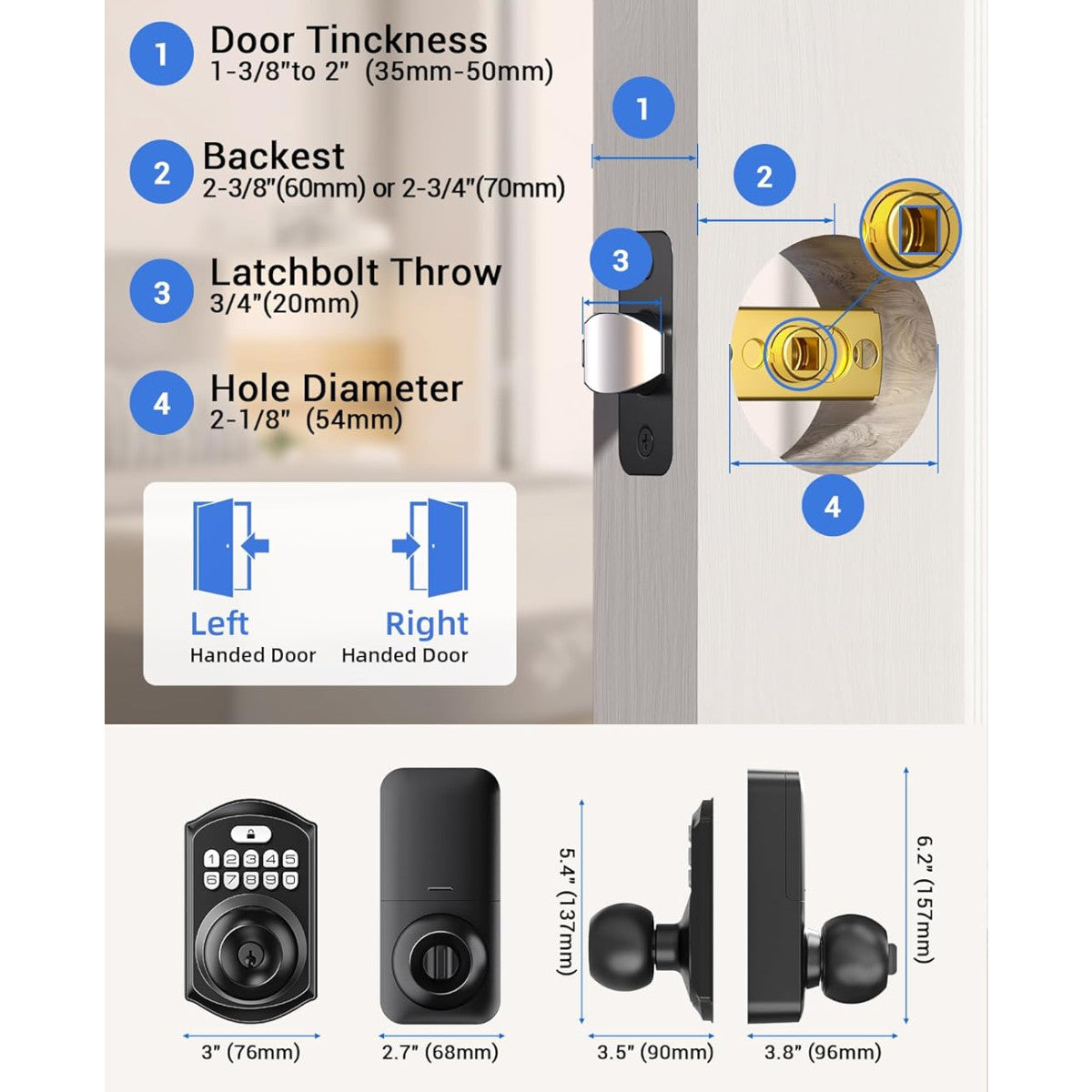Keyless Entry TE003 Black Keypad Entry Knob