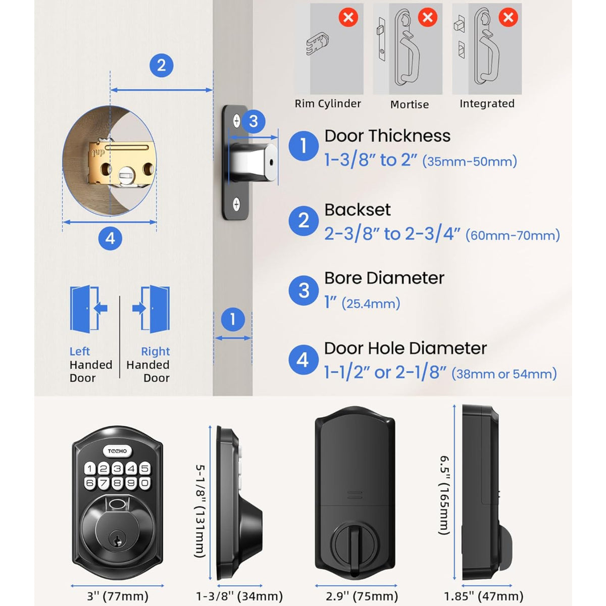 Keyless Entry TE012W Matte Black Wi-Fi Smart Keypad Deadbolt