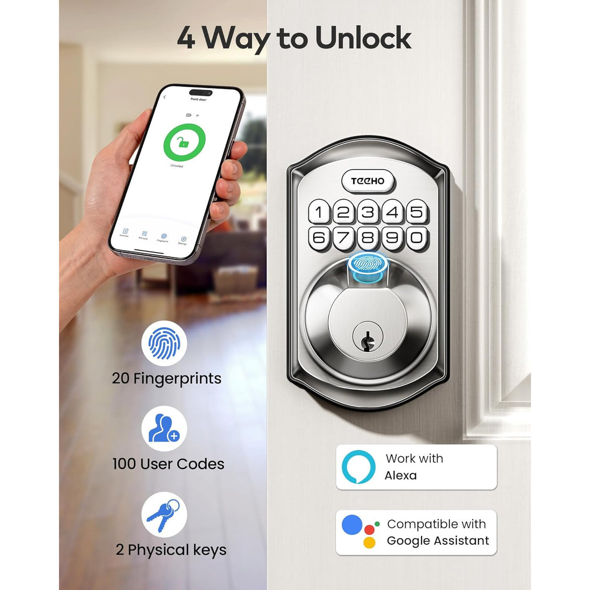 Keyless Entry TE012W Satin Nickel Wi-Fi Smart Keypad Deadbolt